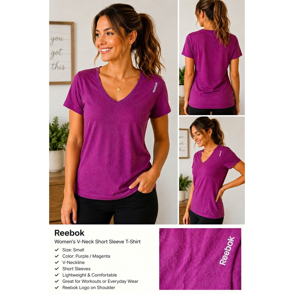 Reebok Women’s Lightweight V-Neck Short Sleeve Athletic T-Shirt Purple S